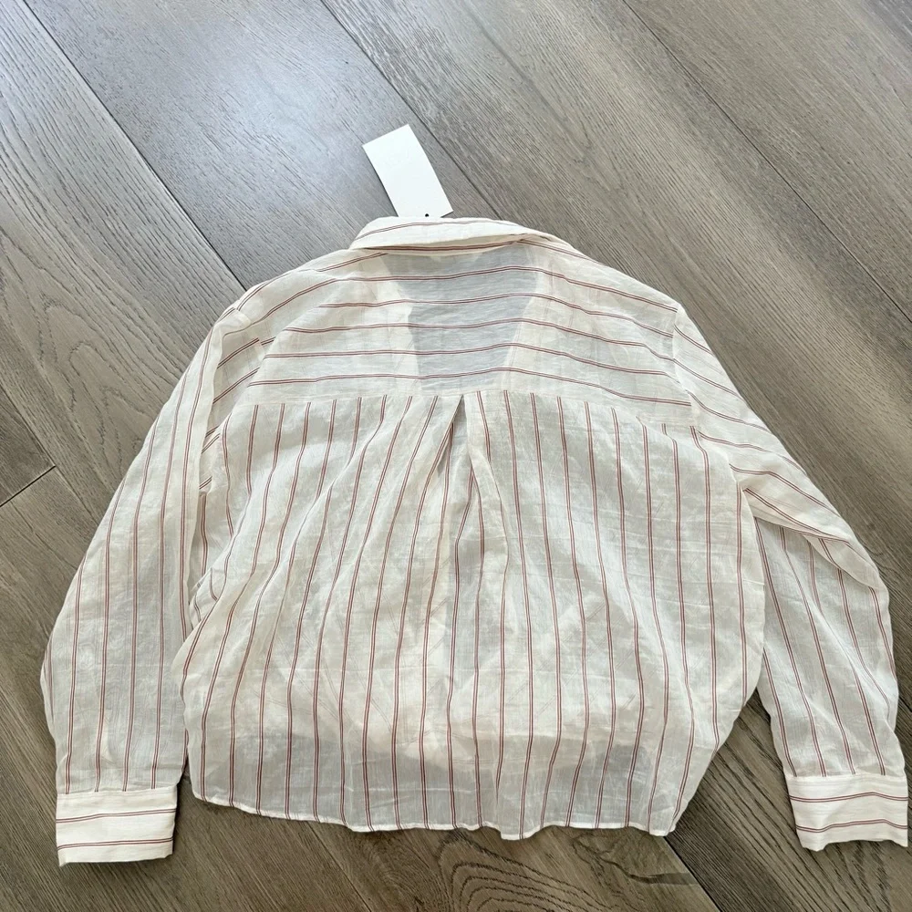 NWT Zara Cream and Red Striped Sheer Top Knotted Hem Medium - Picture 5 of 12